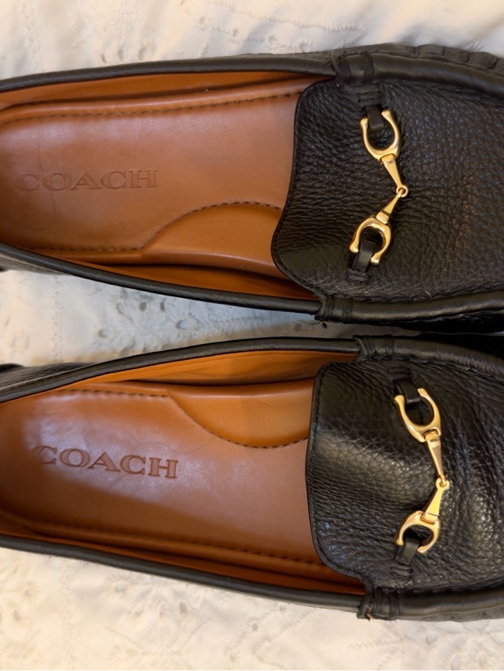Coach Black Leather Women’s Loafers with Gold Horsebit Accent